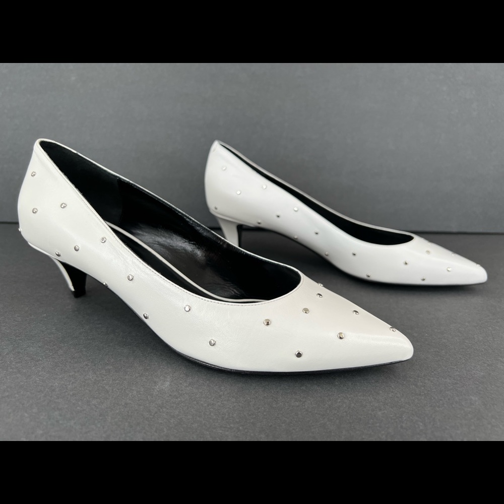 Celine Sharp White Leather Studded 45mm Kitten Heel Pumps Size EU 38